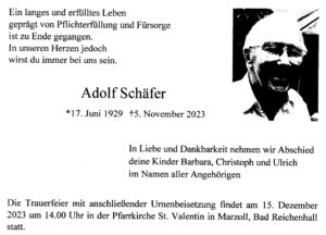 Herr Adolf Schäfer ist verstorben